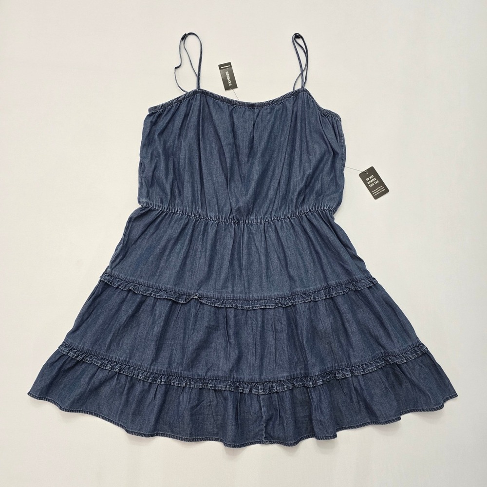Express Womens XL Blue Chambray Tiered Ruffle Mini Dress Spaghetti Strap NWT